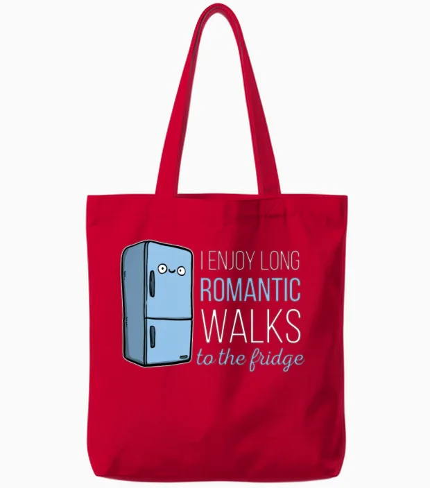 Fridge -I Enjoy Long Romantic Walks. to the Fridge Tote Bags in Red