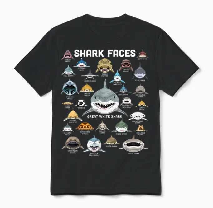 Shark Faces Shirt Types of Shark Funny Marine Biology Shark Unisex T-Shirt in Black