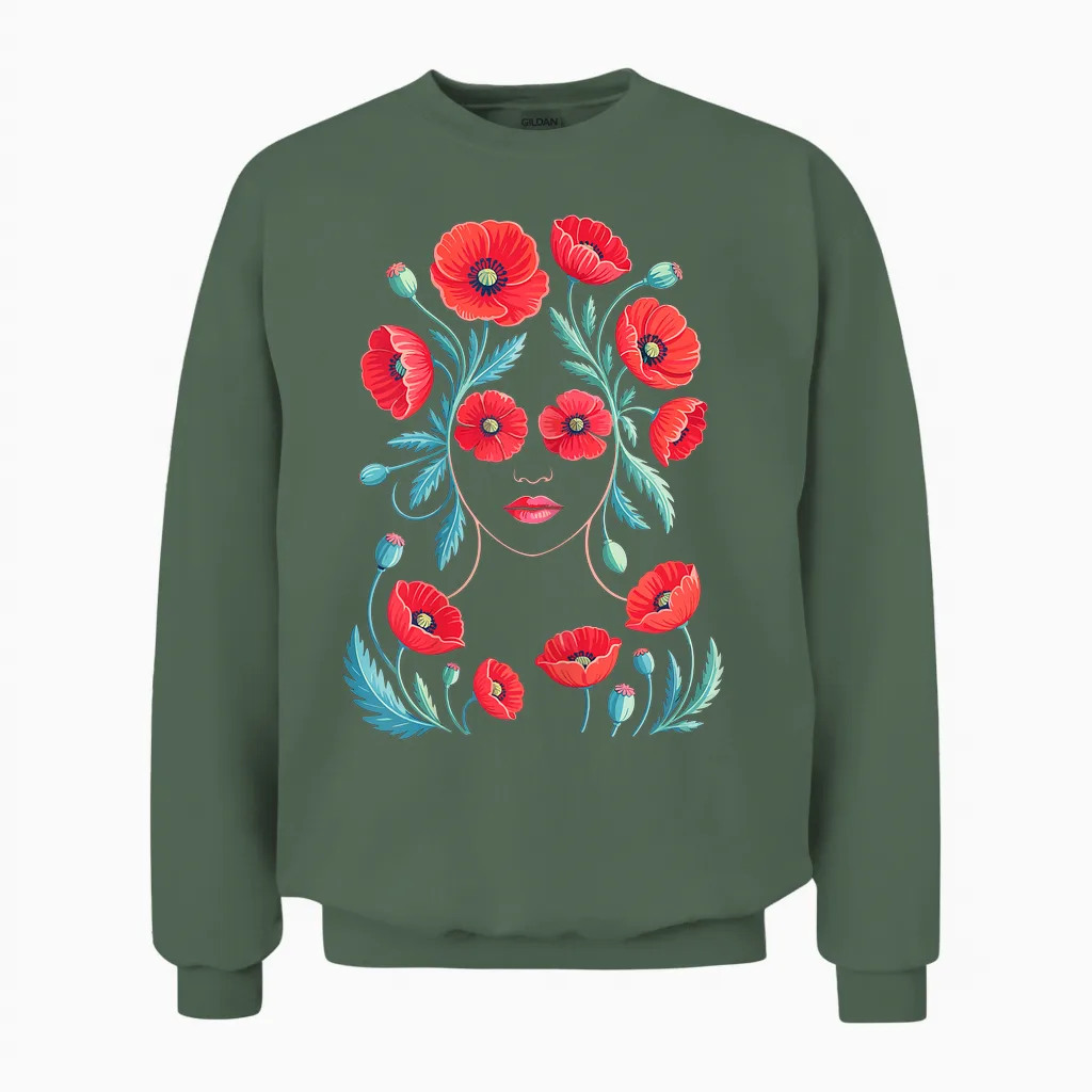 Silhouette Femme Fleur Coquelicot Femmes Unisex Sweatshirt in Military Green