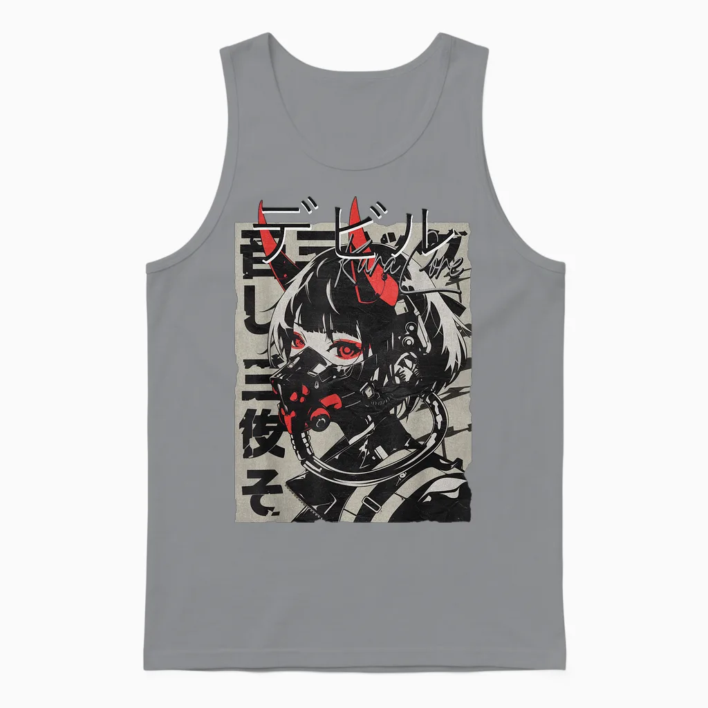 Anime Manga Streetwear Cyberpunk Aesthetic Techwear Harajuku T-Shirt, Black Unisex Tank Top in Sport Grey