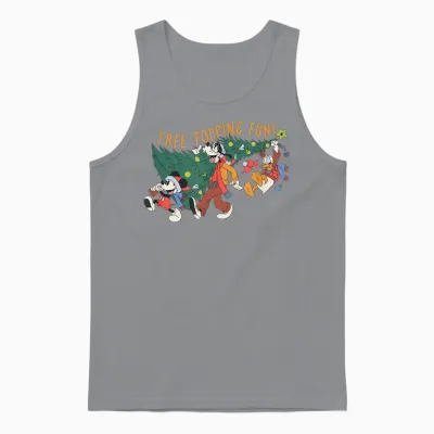 Amazon Essentials Men's Mickey Mouse Goofy and Donald Christmas Tree Topping Fun T-Shirt, Black Graphic Print, Small Unisex Tank Top - Sport Grey