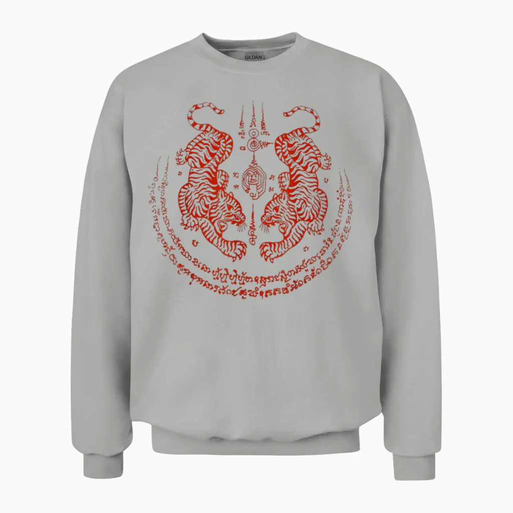 Sak Yant Tatouage Yantra Tigres Jumeaux Bangkok Thaïlande Unisex Sweatshirt in Ash