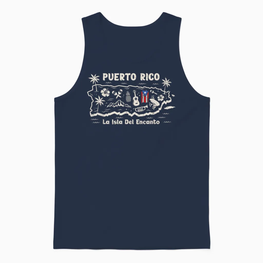 Puerto Rico La Isla Del Encanto Puerto Rican Flag Retro Unisex Tank Top in Navy