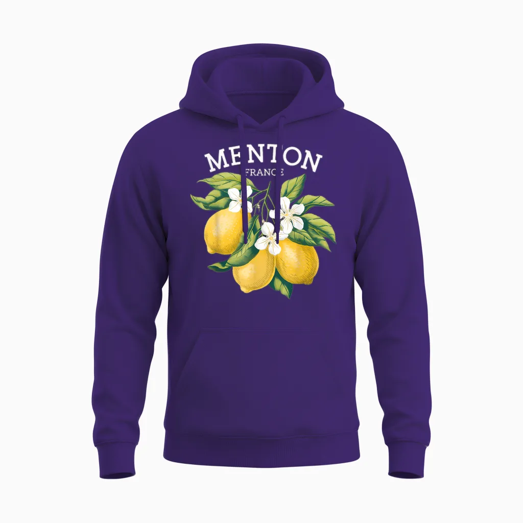 Menton France French Riviera T-Shirt, Black, S Unisex Hoodie in Purple