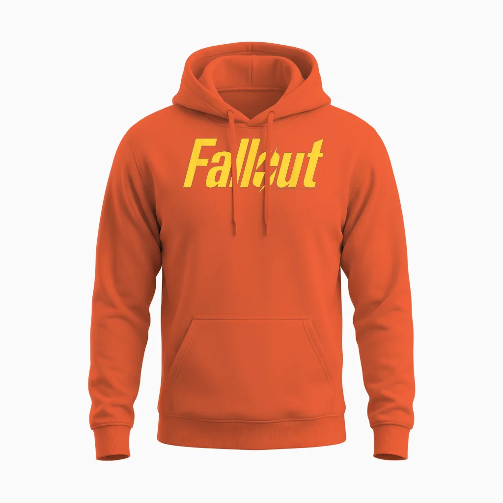 Fallout Tv Series Yellow Lightning Logo T-Shirt, Black Unisex Hoodie in Orange