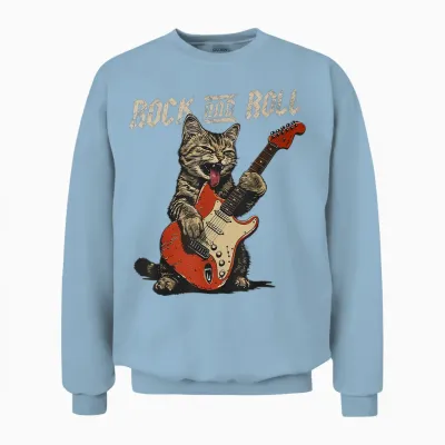 Rock and Roll Guitar Cat Vintage Rock Guitarist Cat Unisex Sweatshirt - Light Blue