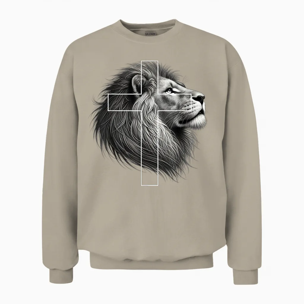 Jesus Lion of Judah Christian Cross Unisex Sweatshirt in Sand
