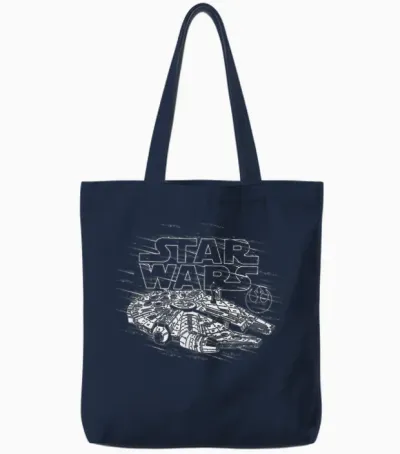 Star Wars Millennium Falcon Retro Lightspeed Logo T-Shirt, Black Tote Bags - Navy