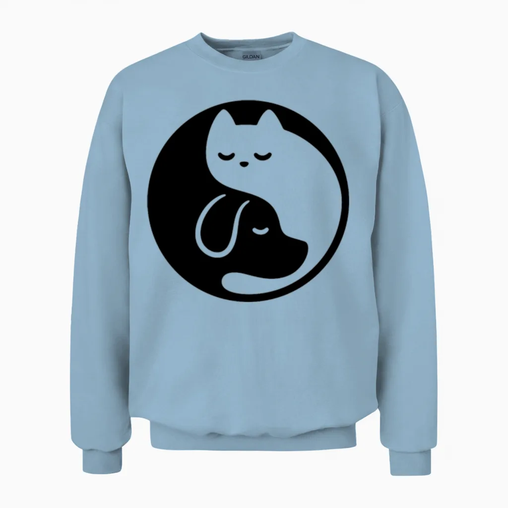 Yin Yang Cat and Dog Lovers Gift Unisex Sweatshirt in Light Blue