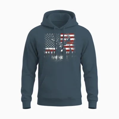 Deer Hunting American Flag Whitetail Buck Antlers Unisex Hoodie - Dark Heather
