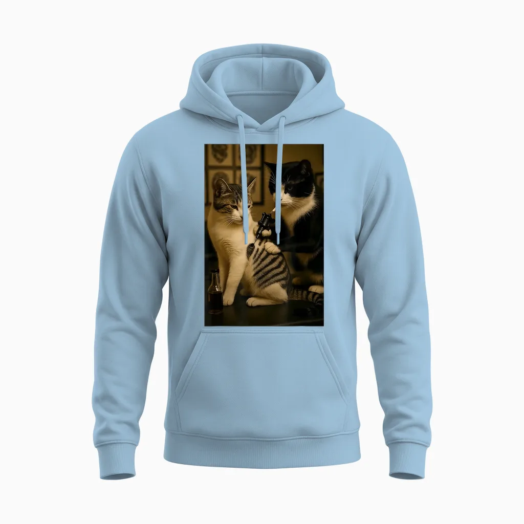 Vintage Cat Smoking Tattoo Inked Kitty Artist Funny Meme Unisex Hoodie in Light Blue