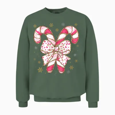 Cute Pink Coquette Bow Candy Cane Christmas Girls Women Unisex Sweatshirt - Military Green