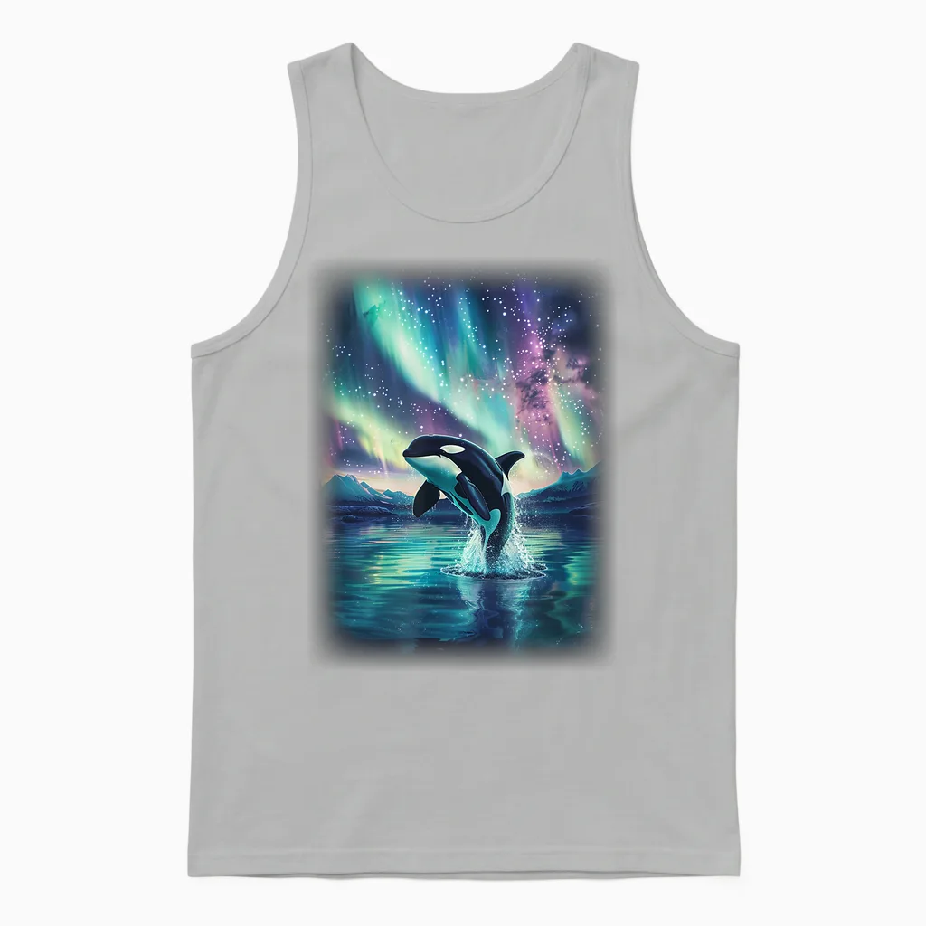 Orca T with a Northern Lights Orca T-Shirt, Black Unisex Tank Top in Ash