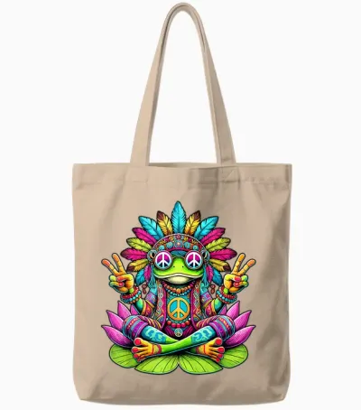 Hippie Frog, Peace Sign, 70s and 60s Party, Sunglasses T-Shirt, Black, S Tote Bags - Natural