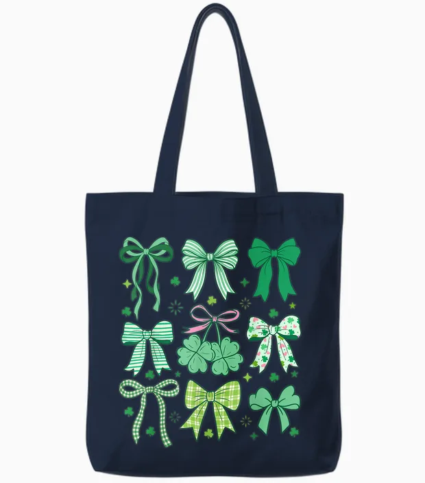 Cute Green Shamrock Bow Coquette St Patricks Day Tote Bags in Navy