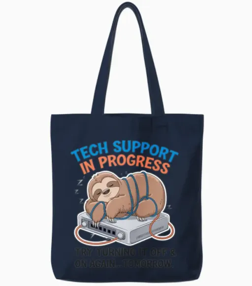 Tech Support Sloth T-Shirt–funny Lazy It Help Desk Tote Bags in Navy