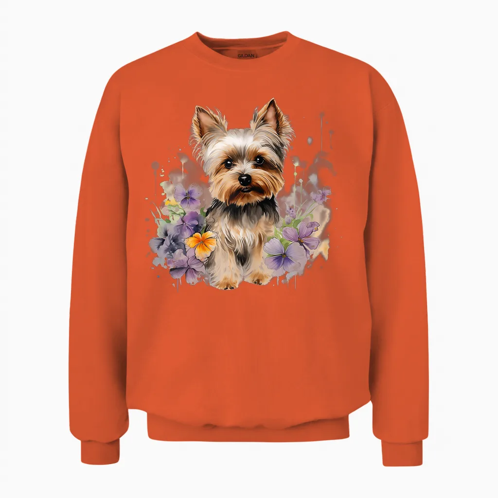 Yorkshire Terrier Mom Floral Yorkie Dog Lover Flowers Cute T-Shirt, White Unisex Sweatshirt in Orange