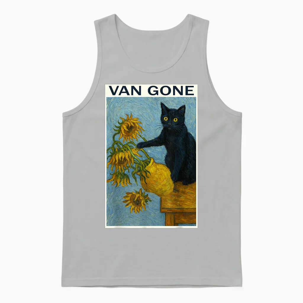 Van Gogh Black Cat with Sunflowers Funny Cat T-Shirt, Black, S Unisex Tank Top in Ash