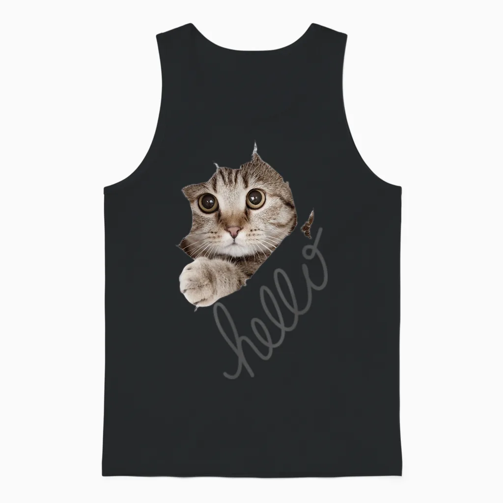 Cute Cat Motif with Beautiful Print T-Shirt, Black Unisex Tank Top in Black