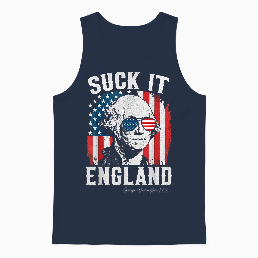 Suck It England Funny 4th of July George Washington 1776 Unisex Tank Top in Navy