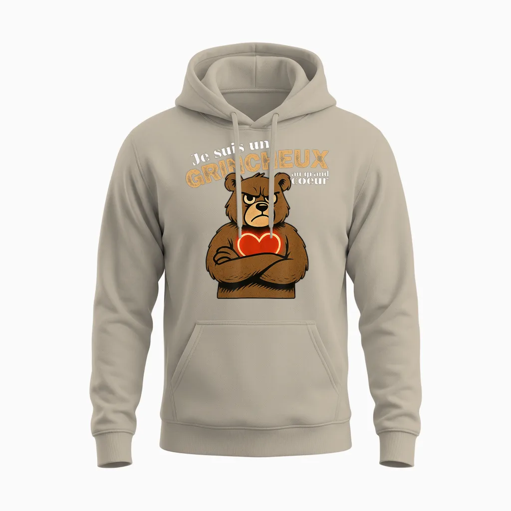 Grumpy Man Big Heart Funny Gift Dad Railer Bear Unisex Hoodie in Sand