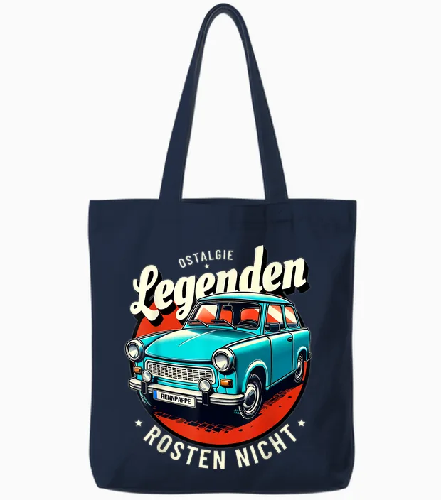 Classic Trabi T-Shirt with "legends Don't Rust", Black, S Tote Bags in Navy