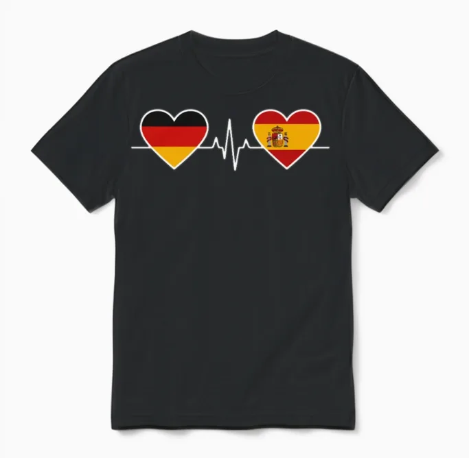 Germany Spain Heartbeat Flags Unisex T-Shirt in Black
