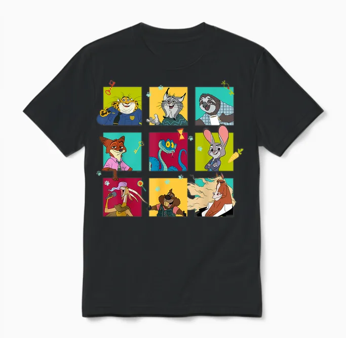 Disney Zootopia 2 Illustrated Characters Grid Unisex T-Shirt in Black