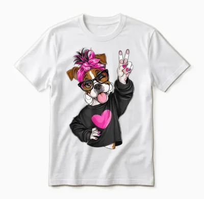 Cute Boxer Girl Lunettes Symbole Paix Chien Graphique Nœud Rose Unisex T-Shirt - White