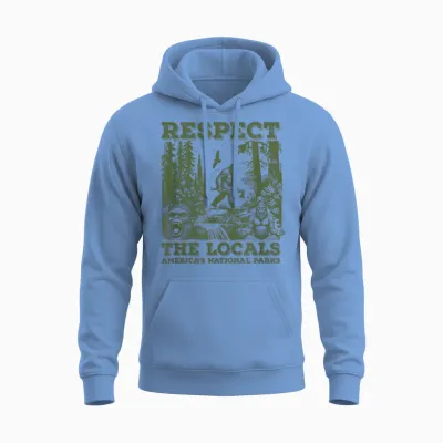 Respect the Locals Bigfoot Sasquatch American National Parks T-Shirt, Small, Grey Unisex Hoodie - Carolina Blue