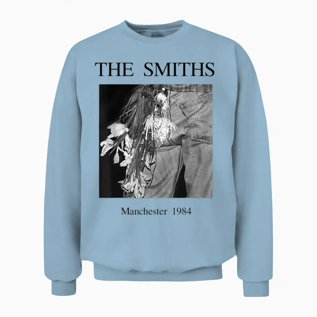 The Smiths Manchester 1984 Morrissey by Stephen Wright Unisex Sweatshirt in Light Blue