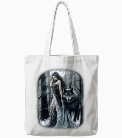 Frau Und Grauer Wolf Im Dunklen Wald Mit Mond Fantasy Tote Bags - White