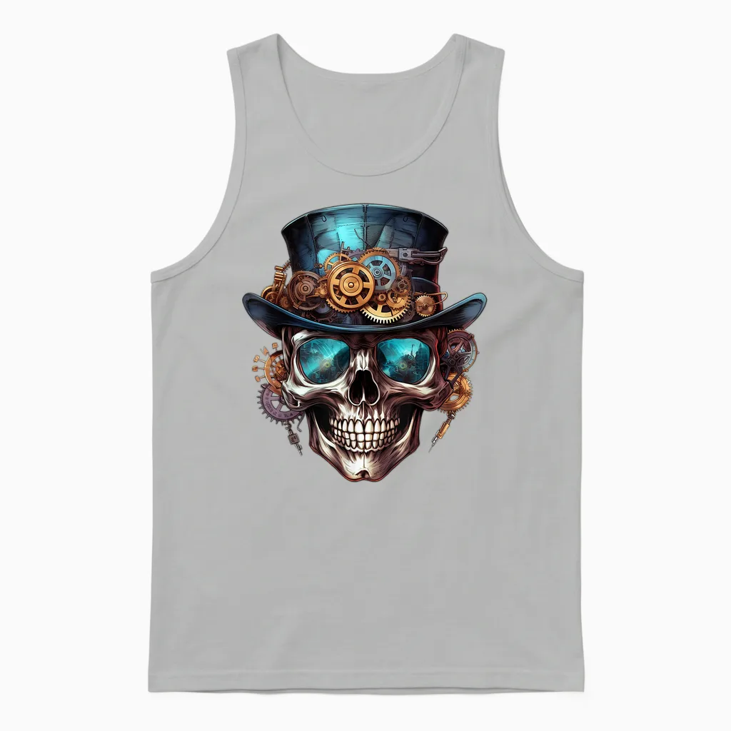 Steampunk Totenkopf Hut Zylinder Mechanik Zahnrad Cyborg Unisex Tank Top in Ash