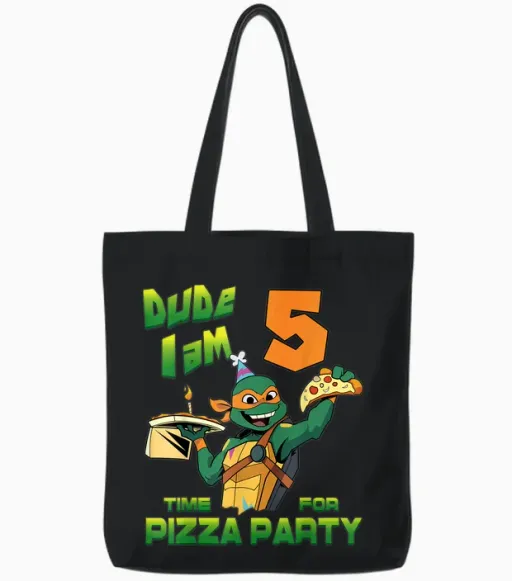 Mademark X Teenage Mutant Ninja Turtles - Dude I Am 5 Years Old Mikey Pizza Birthday Party Tote Bags - Black