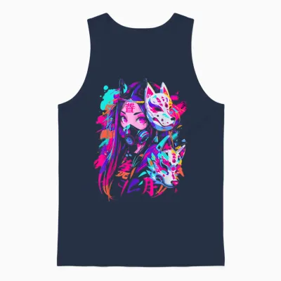 Anime Manga Cyberpunk Aesthetic Techwear Harajuku Kitsune T-Shirt, Black Unisex Tank Top - Navy