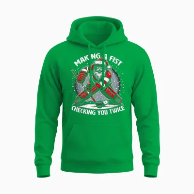 Making a Fist Checking You Twice Ugly Christmas Santa Hockey Unisex Hoodie - Irish Green