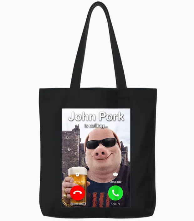 Funny Beer Day John Pork Is Calling Meme Tote Bags in Black