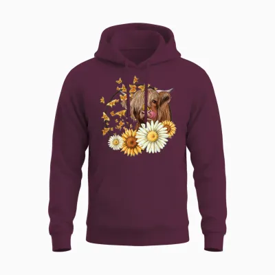Highland Cow with Sunflower Daisies Butterflies Farm Western Unisex Hoodie - Maroon