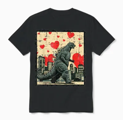 Valentines Day Japanese Monster Hearts Kaiju Men Women Unisex T-Shirt - Black