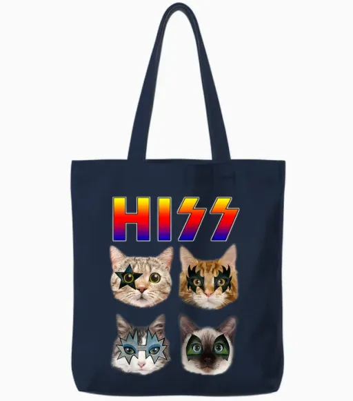 Hiss Funny Cats Kittens Rock Rockin Short Sleeve T-Shirt Gift Tee Pun Tote Bags - Navy