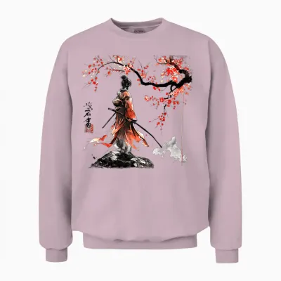 Geisha Samurai Girl Cherry Blossom Fighter Ninja Martial Art T-Shirt, Gray Unisex Sweatshirt - Light Pink