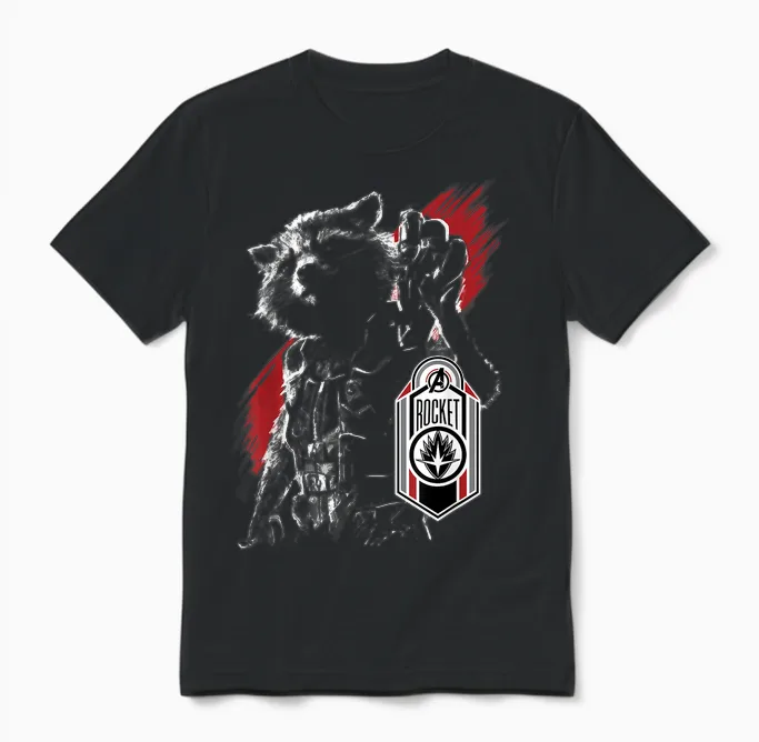 Marvel Avengers Endgame Rocket Portrait T-Shirt, Black Unisex T-Shirt in Black