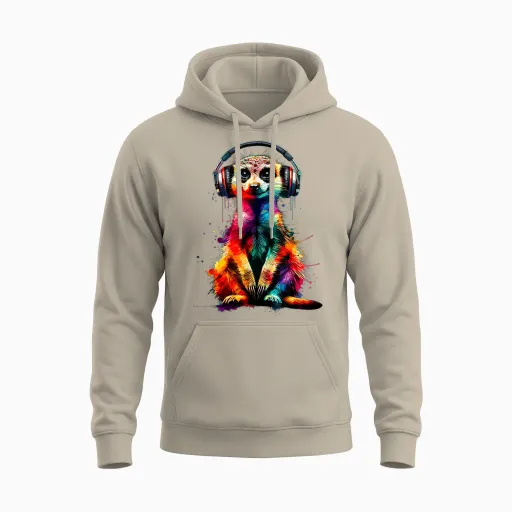 Colourful Splash Art Headphones Meerkat Lovers Meerkat T-Shirt, Black Unisex Hoodie - Sand
