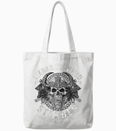 T-Shirt with German Text "lieber Stehend Sterben Als Kniend Leben ", Black Tote Bags - White