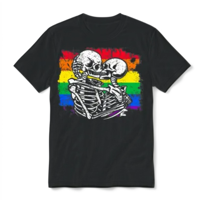 Gay Couple Skeletons Kissing Lgbt Pride Valentines Unisex T-Shirt - Black