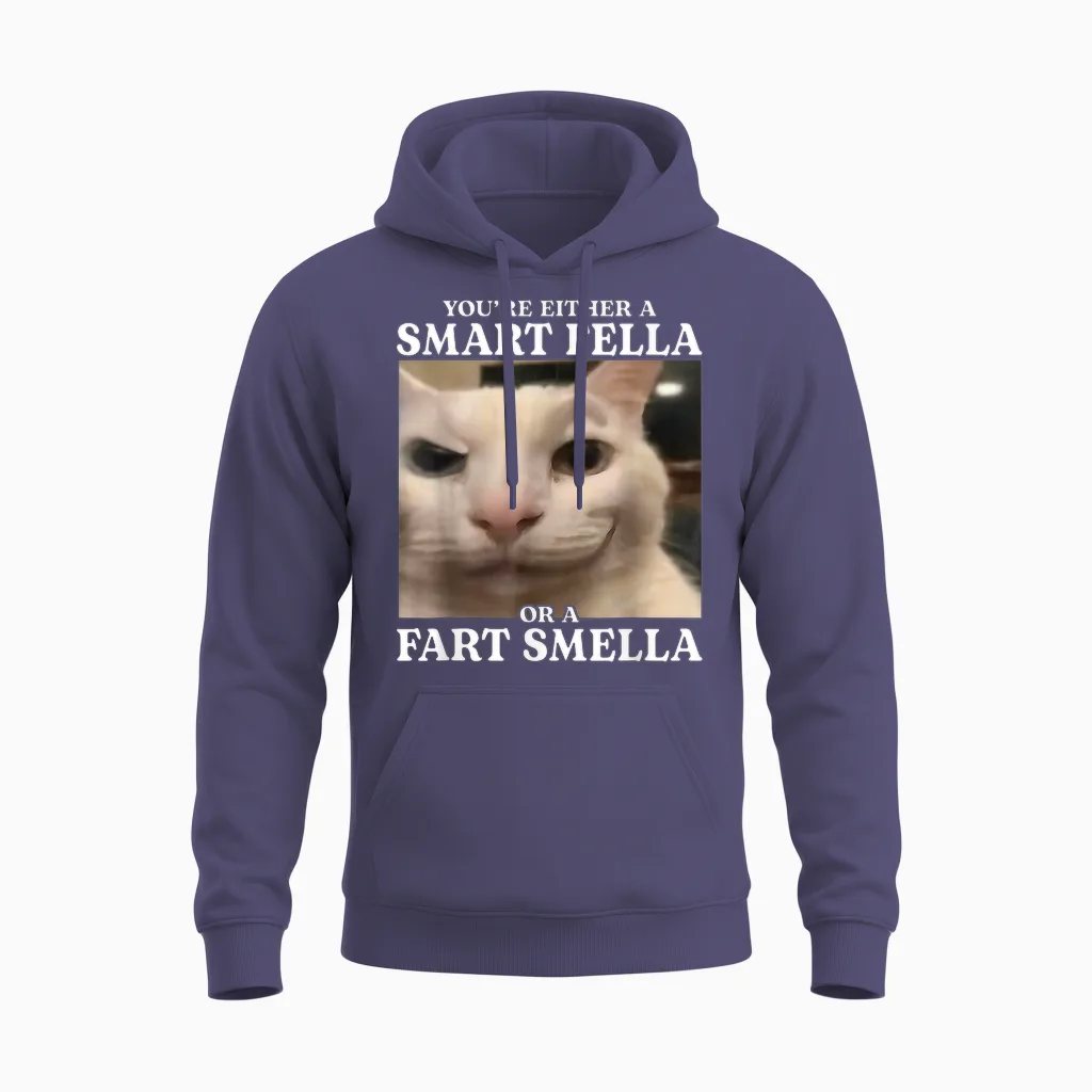 You're Either a Smart Fella or a Fart Smella Funny Cat Meme Unisex Hoodie in Heather Sport Dark Navy