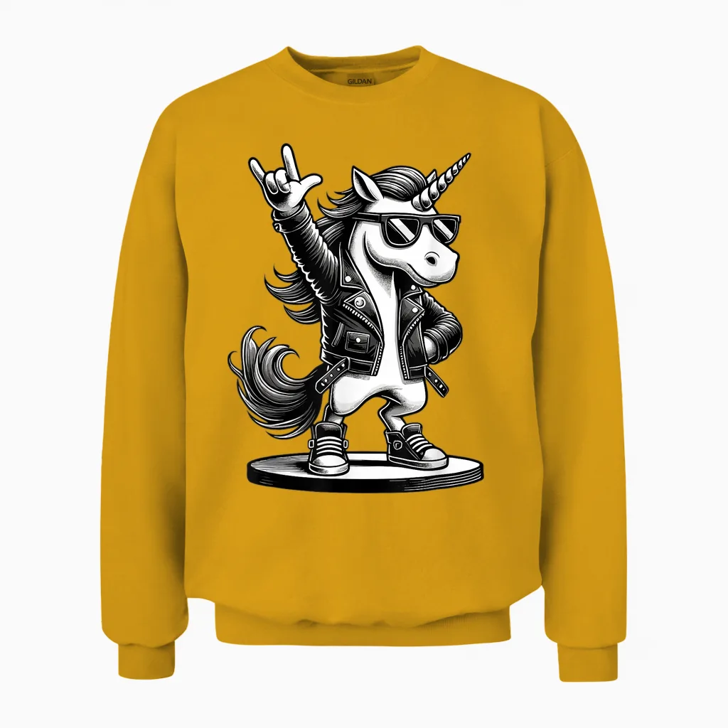 Rock Music & Heavy Metal Rocker, Funny Unicorn Rockhand T-Shirt, Black Unisex Sweatshirt in Gold