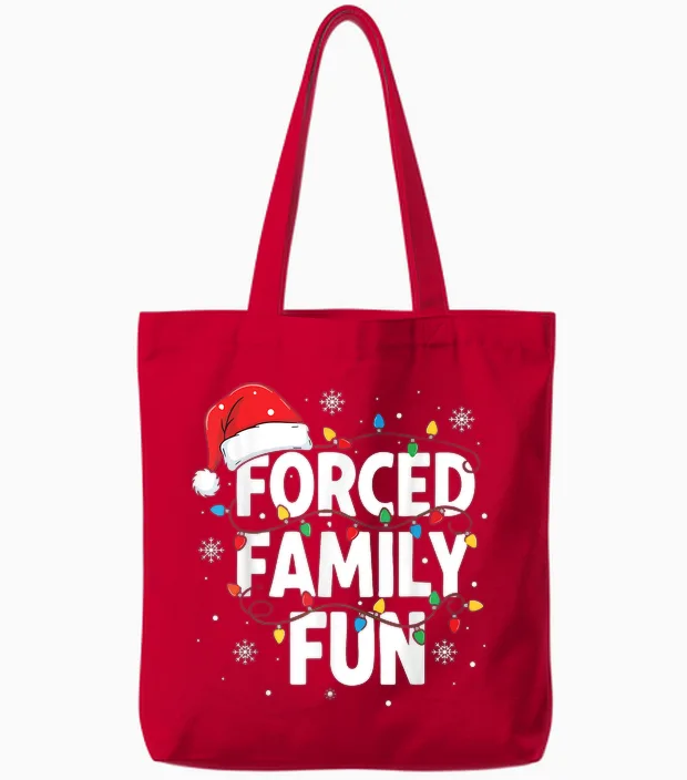Forced Family Fun Shirt Men Women Kids Christmas Pajamas Tote Bags in Red