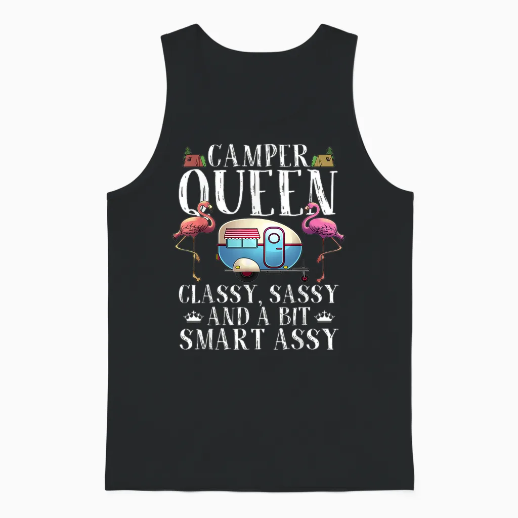 Funny Camper Queen Sassy Gift for Women Rv Camping Lovers Unisex Tank Top in Black