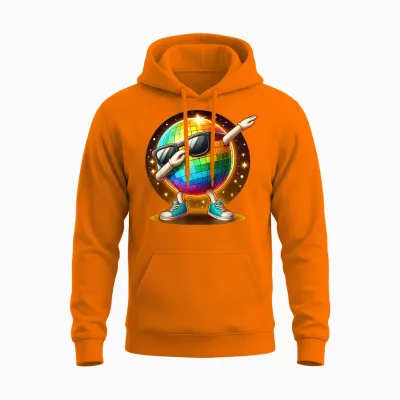 70s Disco Ball Dabbing Sunglasses Nightclub Dance Led Party T-Shirt, Black, S Unisex Hoodie - Safety Orange